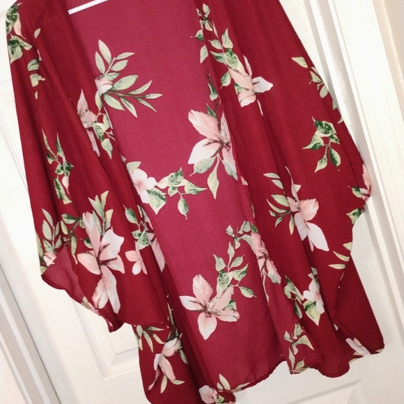 TeenBell Burgundy Floral Kimono with Pink & Green Accents PTP 30" - Picture 2 of 3